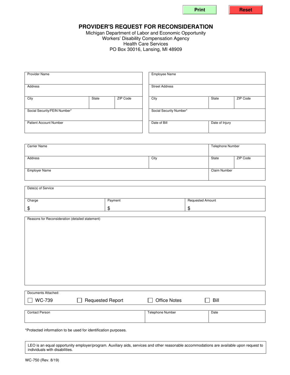 Form WC-750 Providers Request for Reconsideration - Michigan, Page 1