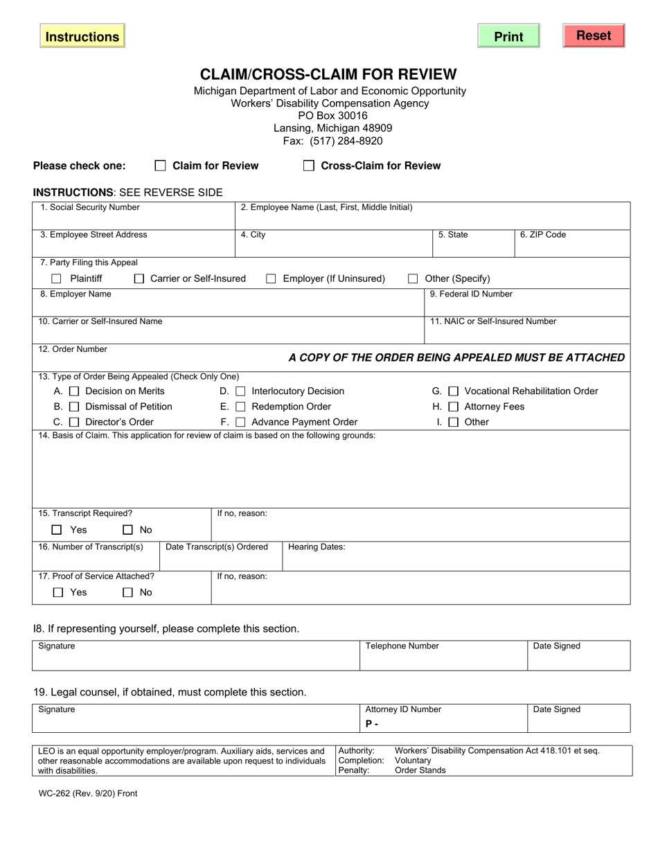 Form WC-262 Claim / Cross-claim for Review - Michigan, Page 1