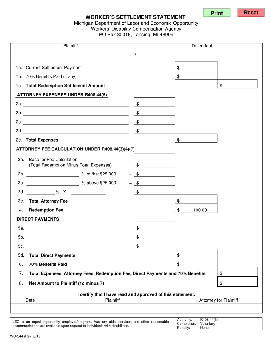 Form WC-544 - Fill Out, Sign Online and Download Fillable PDF, Michigan ...