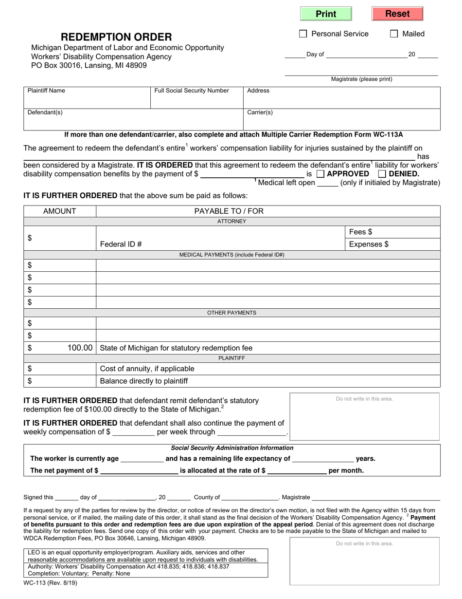 Form WC-113 Redemption Order - Michigan, Page 1