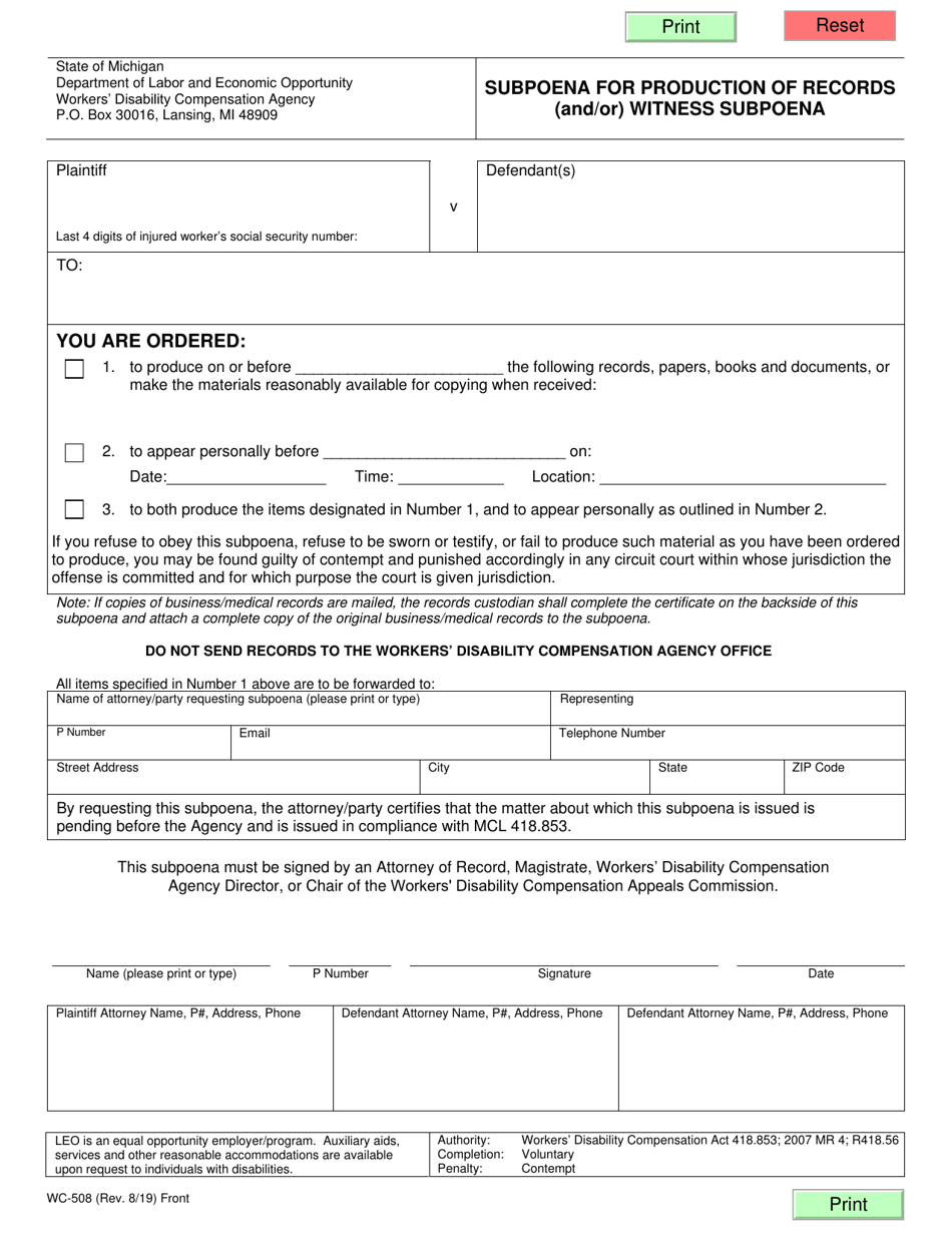 Form WC-508 Subpoena for Production of Records (and / or) Witness Subpoena - Michigan, Page 1