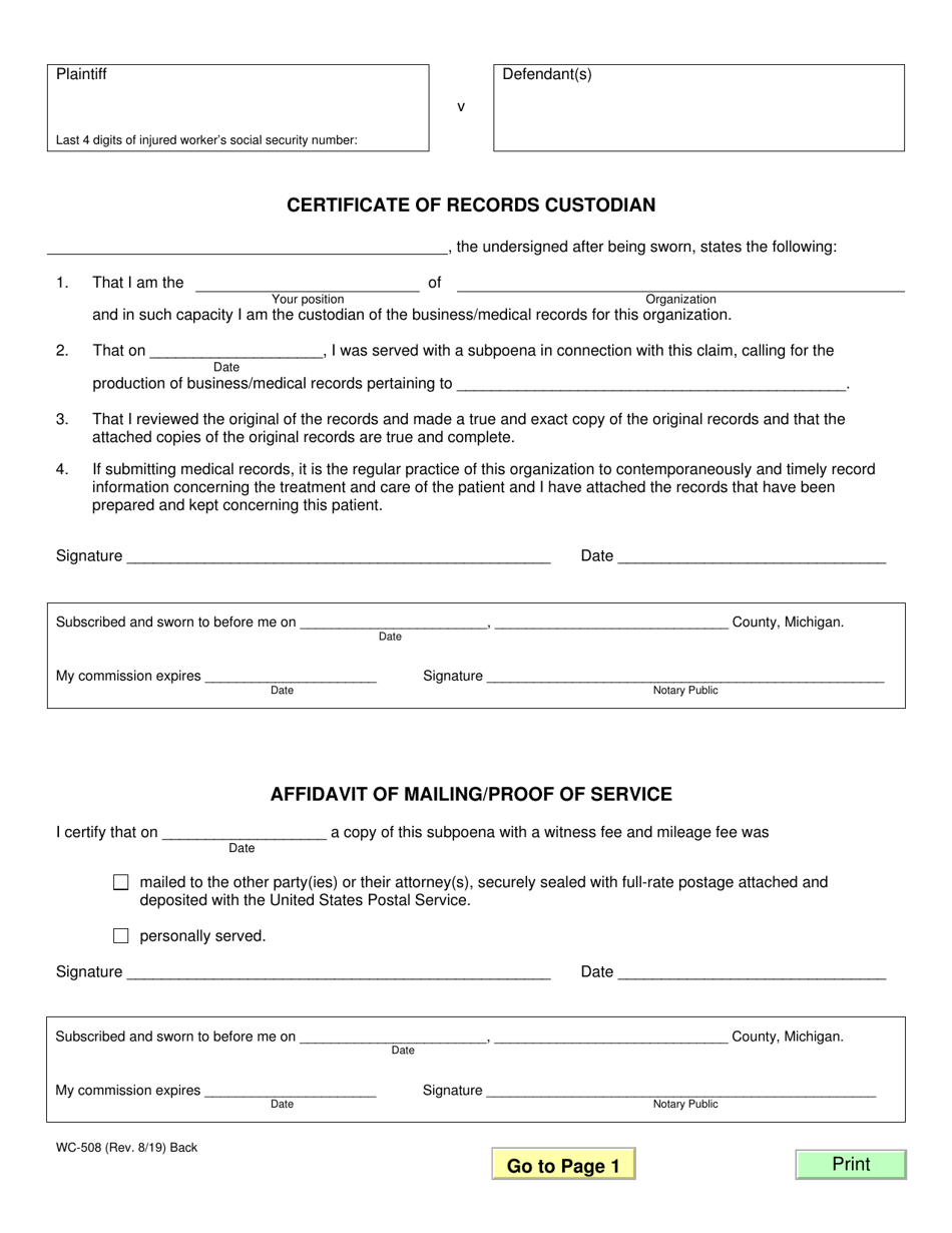 Form WC-508 - Fill Out, Sign Online and Download Fillable PDF, Michigan ...