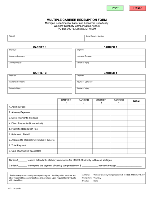 Form WC-113A Multiple Carrier Redemption Form - Michigan