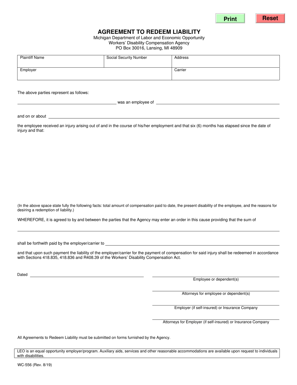 Form WC-556 Agreement to Redeem Liability - Michigan, Page 1