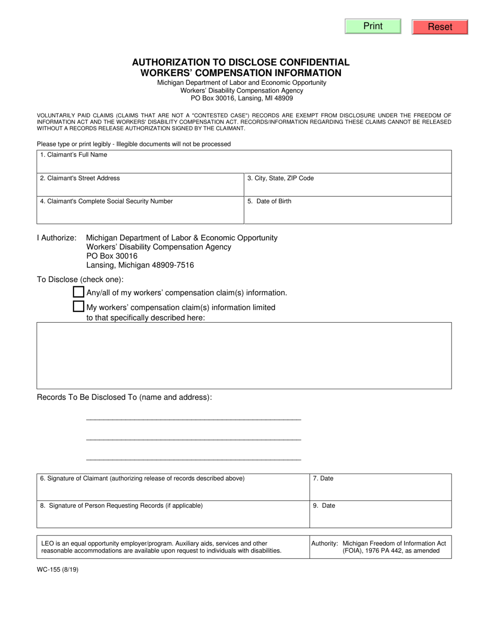 Form WC-155 Authorization to Disclose Confidential Workers Compensation Information - Michigan, Page 1