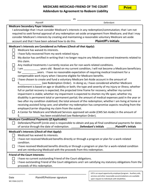 Form WC-556A Addendum to Agreement to Redeem Liability - Michigan