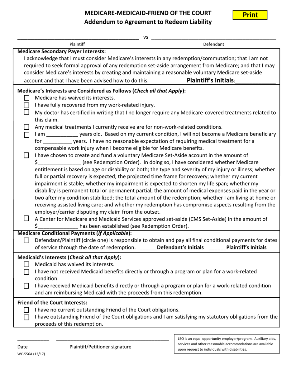 Form WC-556A Addendum to Agreement to Redeem Liability - Michigan, Page 1