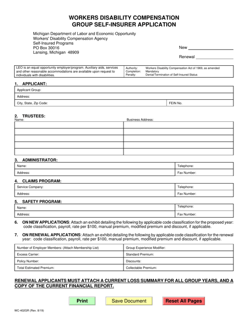Form WC-402GR Workers Disability Compensation Group Self-insurer Application - Michigan
