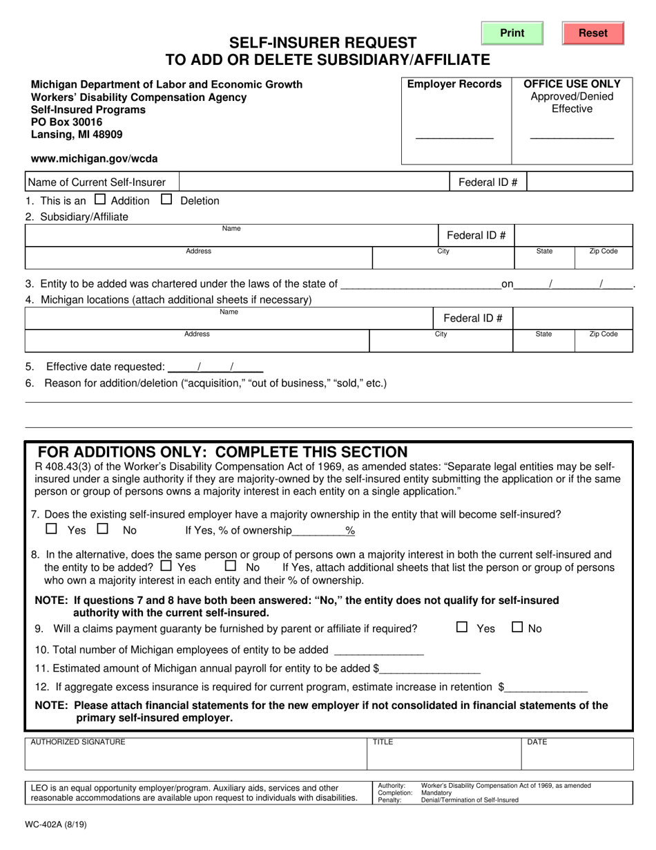 Form WC-402A Self-insurer Request to Add or Delete Subsidiary / Affiliate - Michigan, Page 1