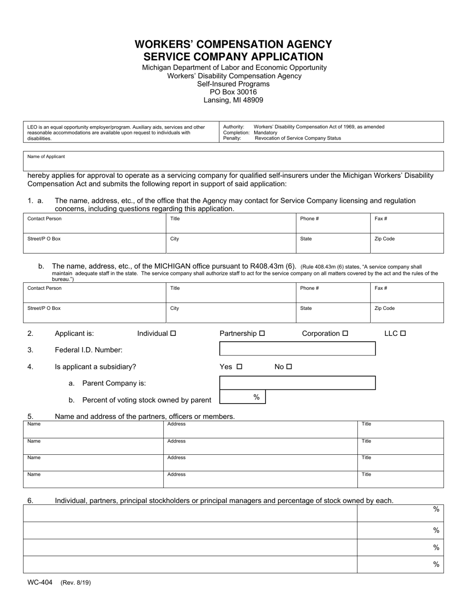 Form WC-404 Workers Compensation Agency Service Company Application - Michigan, Page 1