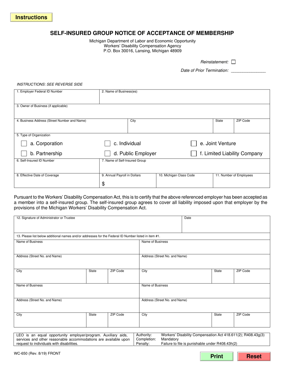 Form WC-650 Self-insured Group Notice of Acceptance of Membership - Michigan, Page 1