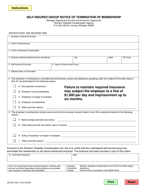 Form WC-651 Self-insured Group Notice of Termination of Membership - Michigan