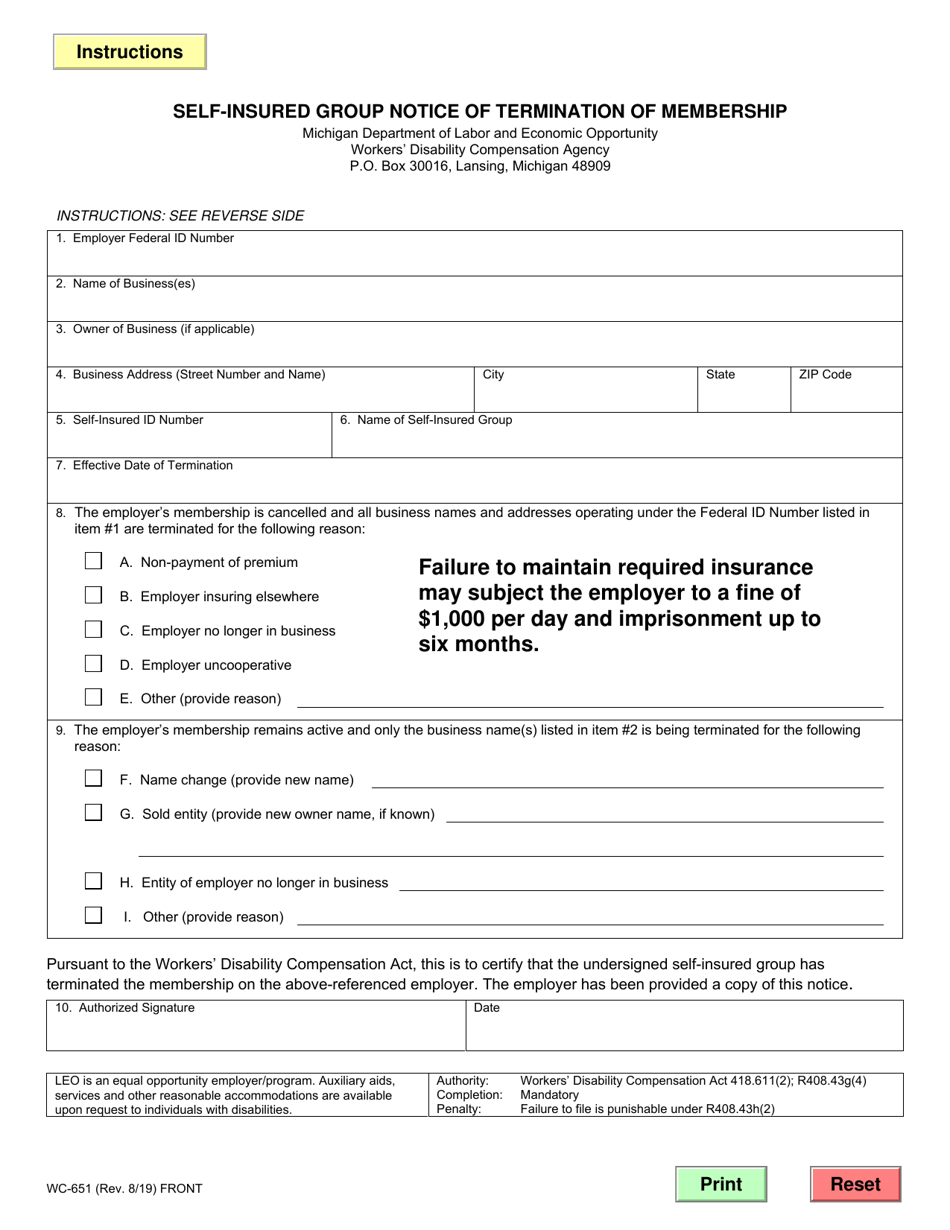 Form WC-651 Self-insured Group Notice of Termination of Membership - Michigan, Page 1