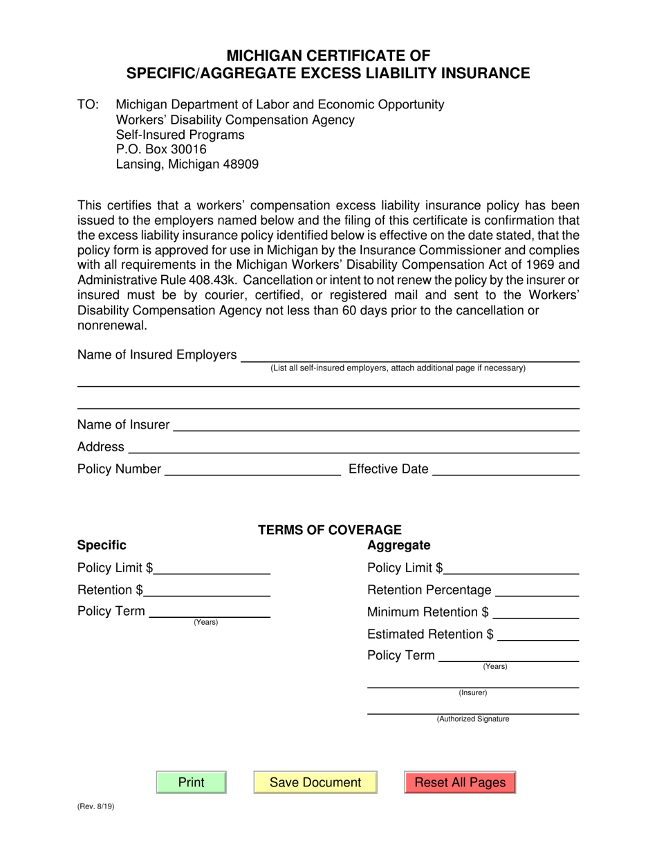Michigan Certificate of Specific / Aggregate Excess Liability Insurance - Michigan, Page 1