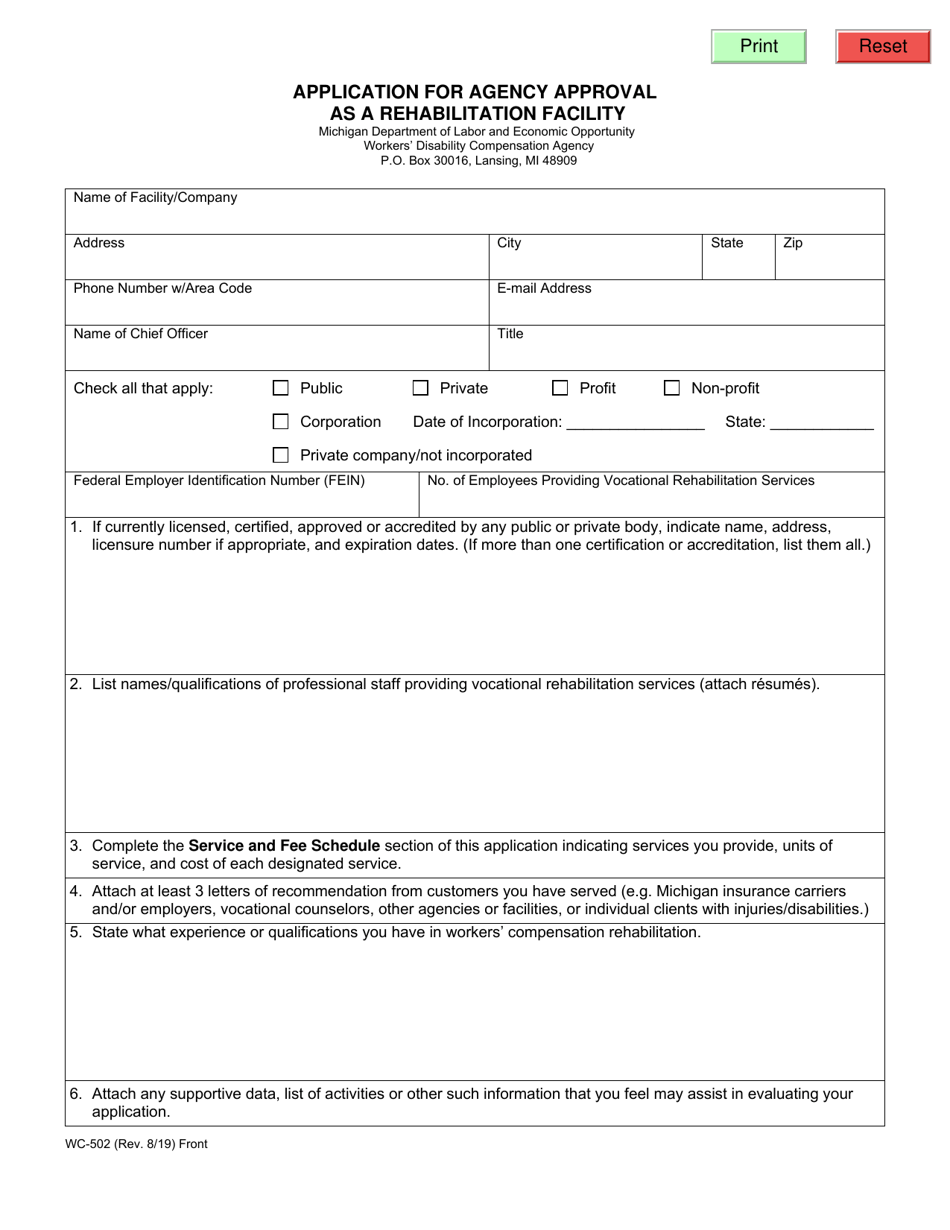 Form WC-502 Application for Agency Approval as a Rehabilitation Facility - Michigan, Page 1