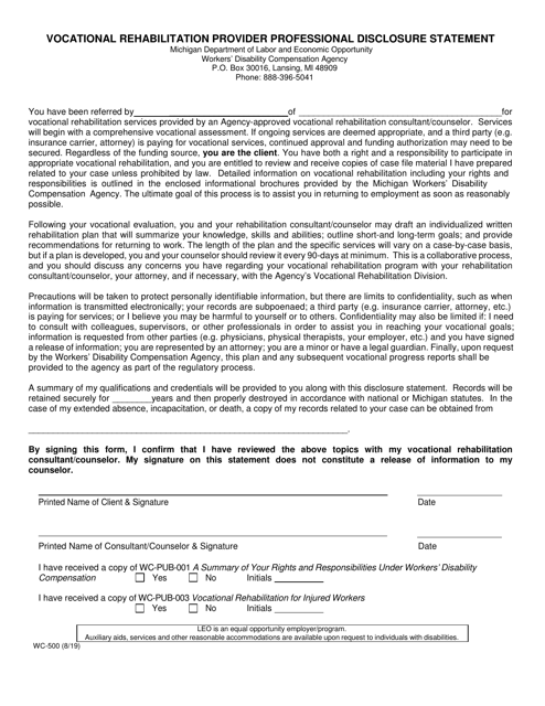 Form WC-500 Vocational Rehabilitation Provider Professional Disclosure Statement - Michigan