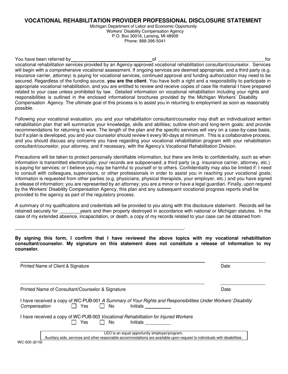 Form WC-500 - Fill Out, Sign Online and Download Fillable PDF, Michigan ...