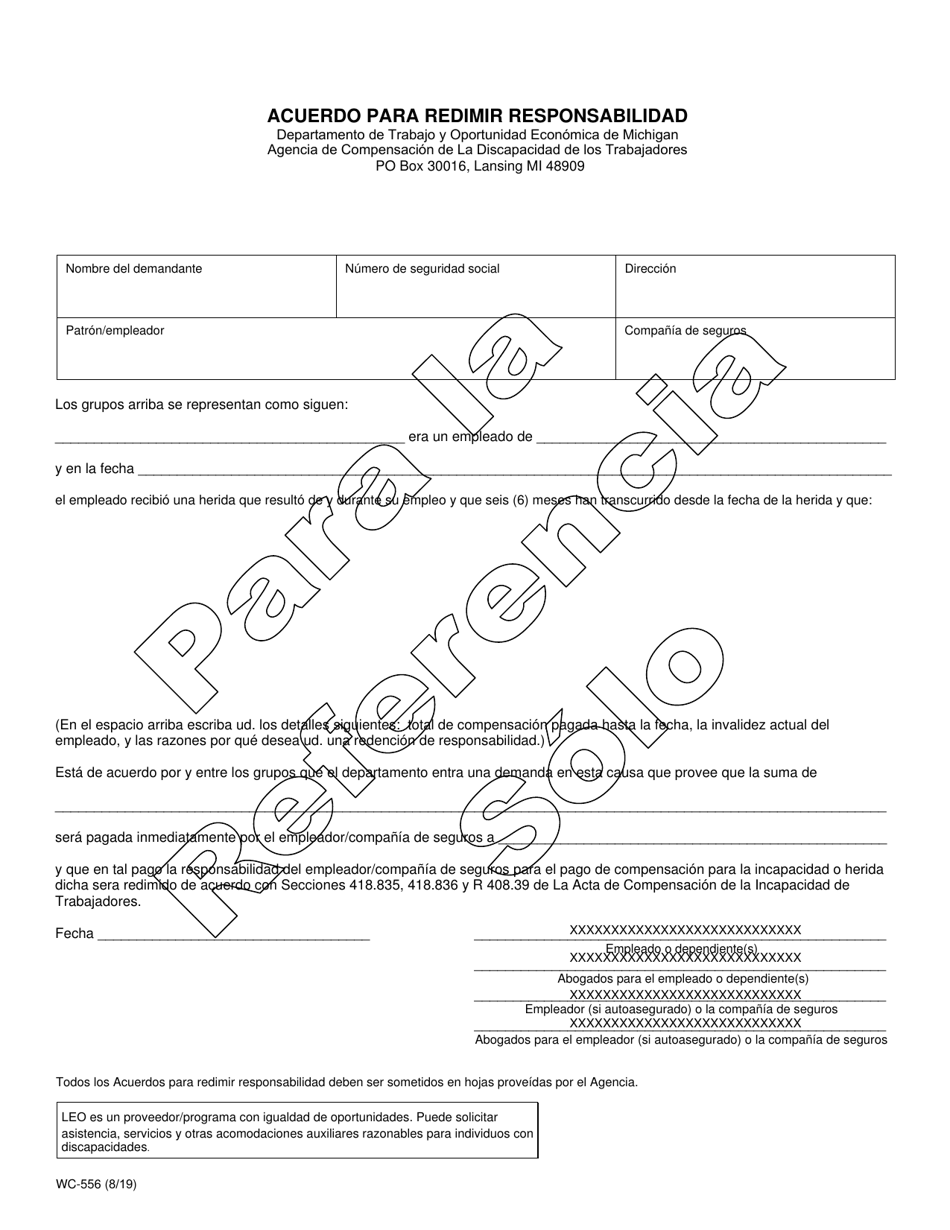 Formulario WC-556 Acuerdo Para Redimir Responsabilidad - Michigan (Spanish), Page 1