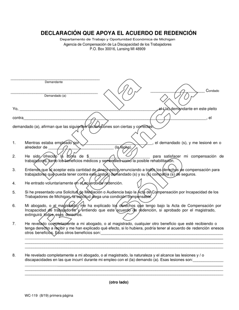 Formulario WC-119 Declaracion Que Apoya El Acuerdo De Redencion - Michigan (Spanish)