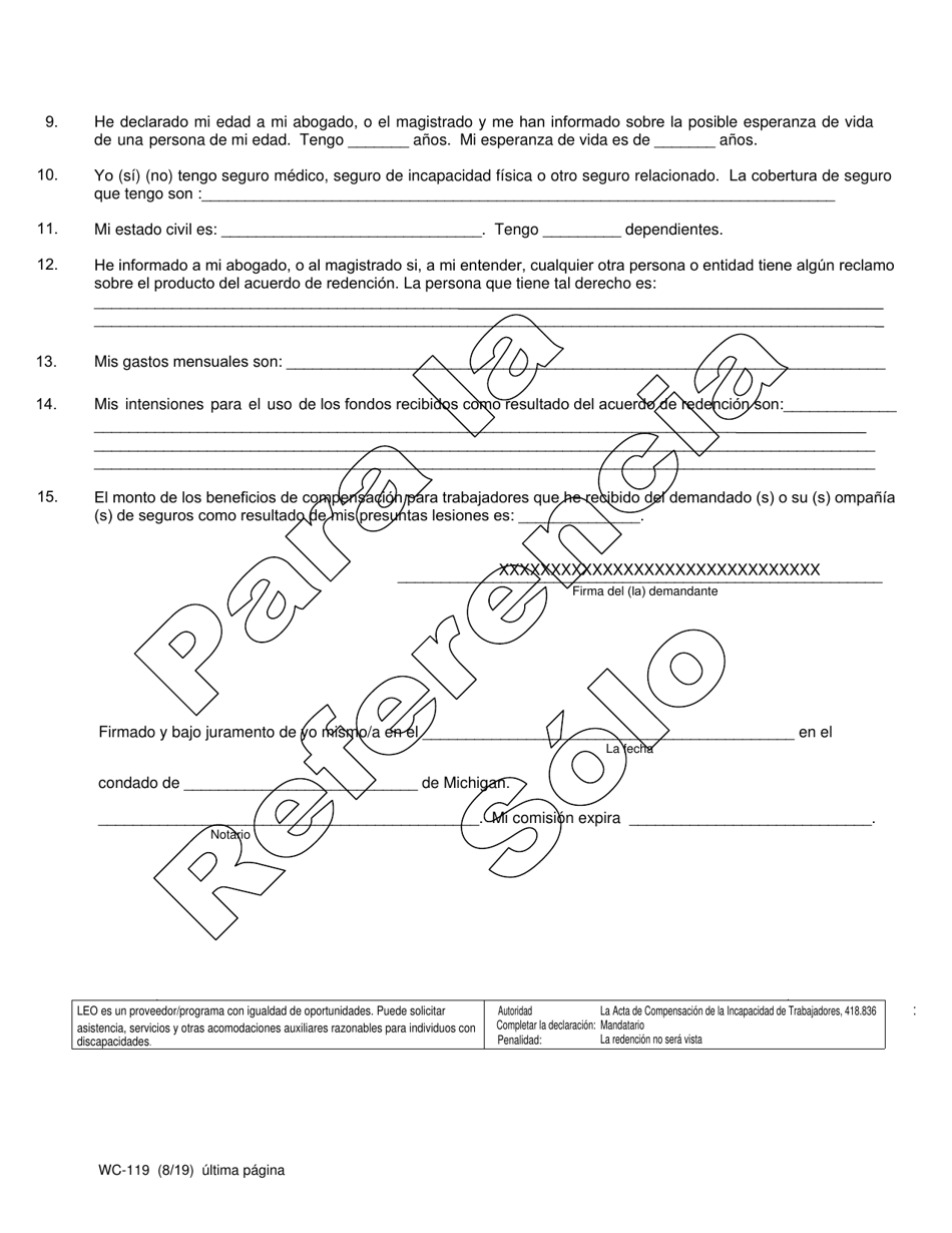 Formulario WC-119 Declaracion Que Apoya El Acuerdo De Redencion - Michigan (Spanish), Page 2