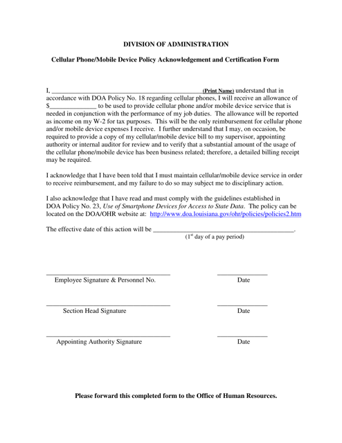 Cellular Phone / Mobile Device Policy Acknowledgement and Certification Form - Louisiana Download Pdf