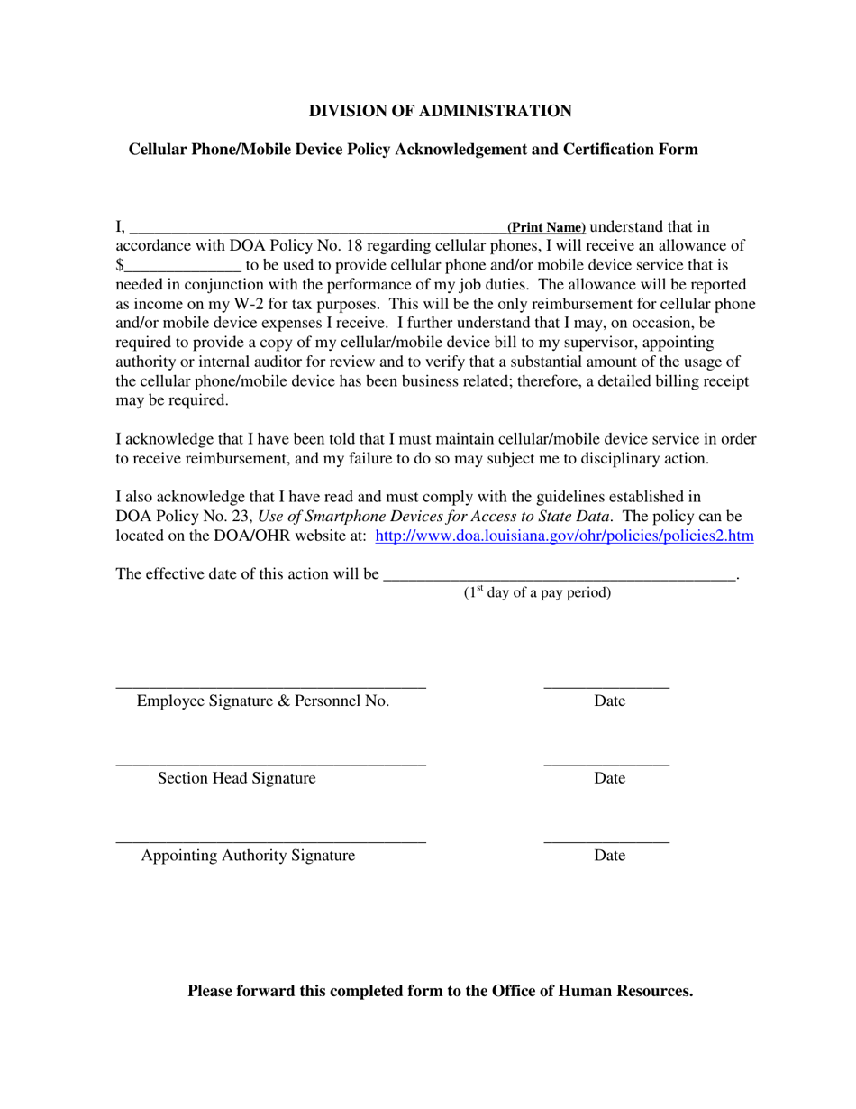 Cellular Phone / Mobile Device Policy Acknowledgement and Certification Form - Louisiana, Page 1