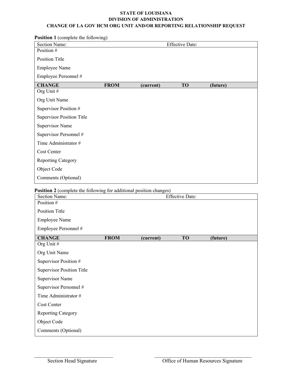 Change of La Gov Hcm Org Unit and / or Reporting Relationship Request - Louisiana, Page 1