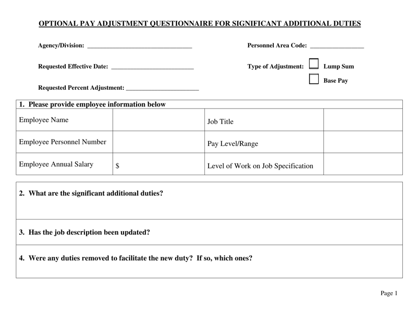 Optional Pay Adjustment Questionnaire for Significant Additional Duties - Louisiana