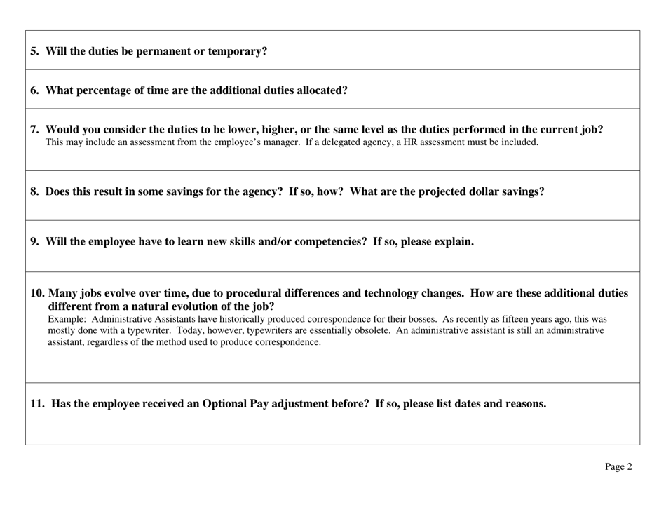 Optional Pay Adjustment Questionnaire for Significant Additional Duties - Louisiana, Page 2