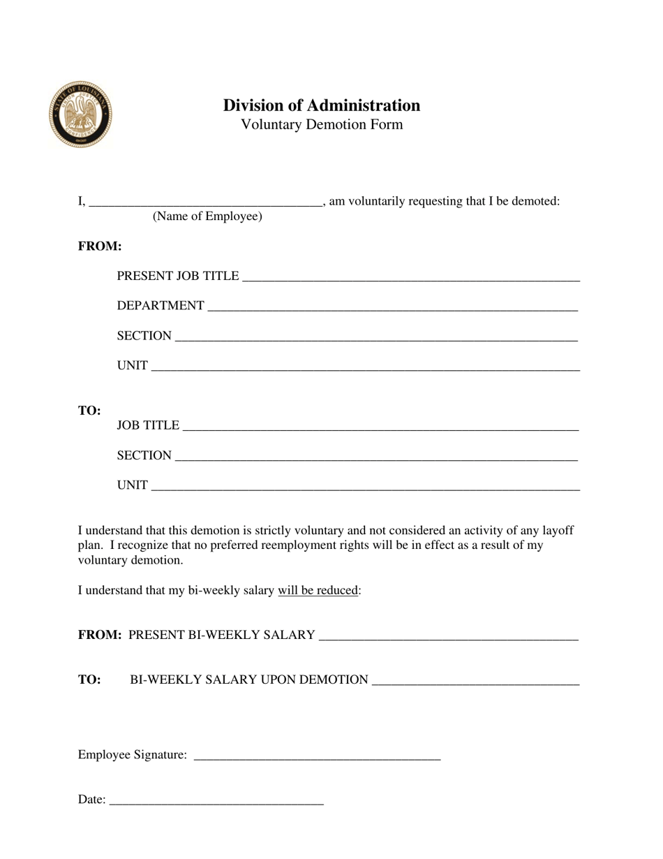 Voluntary Demotion Form (Reduction in Pay) - Louisiana, Page 1