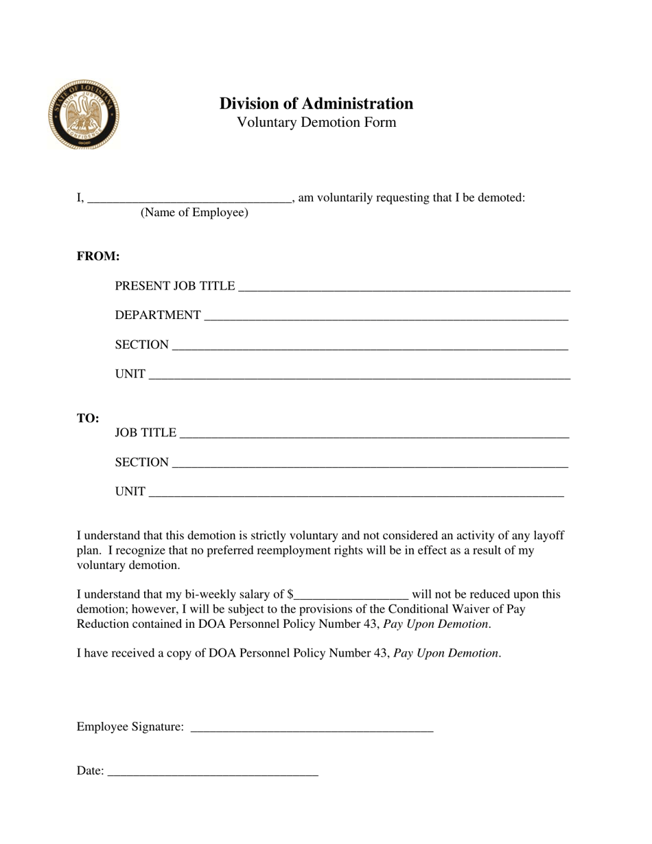 Voluntary Demotion Form (Waiver of Pay Reduction) - Louisiana, Page 1