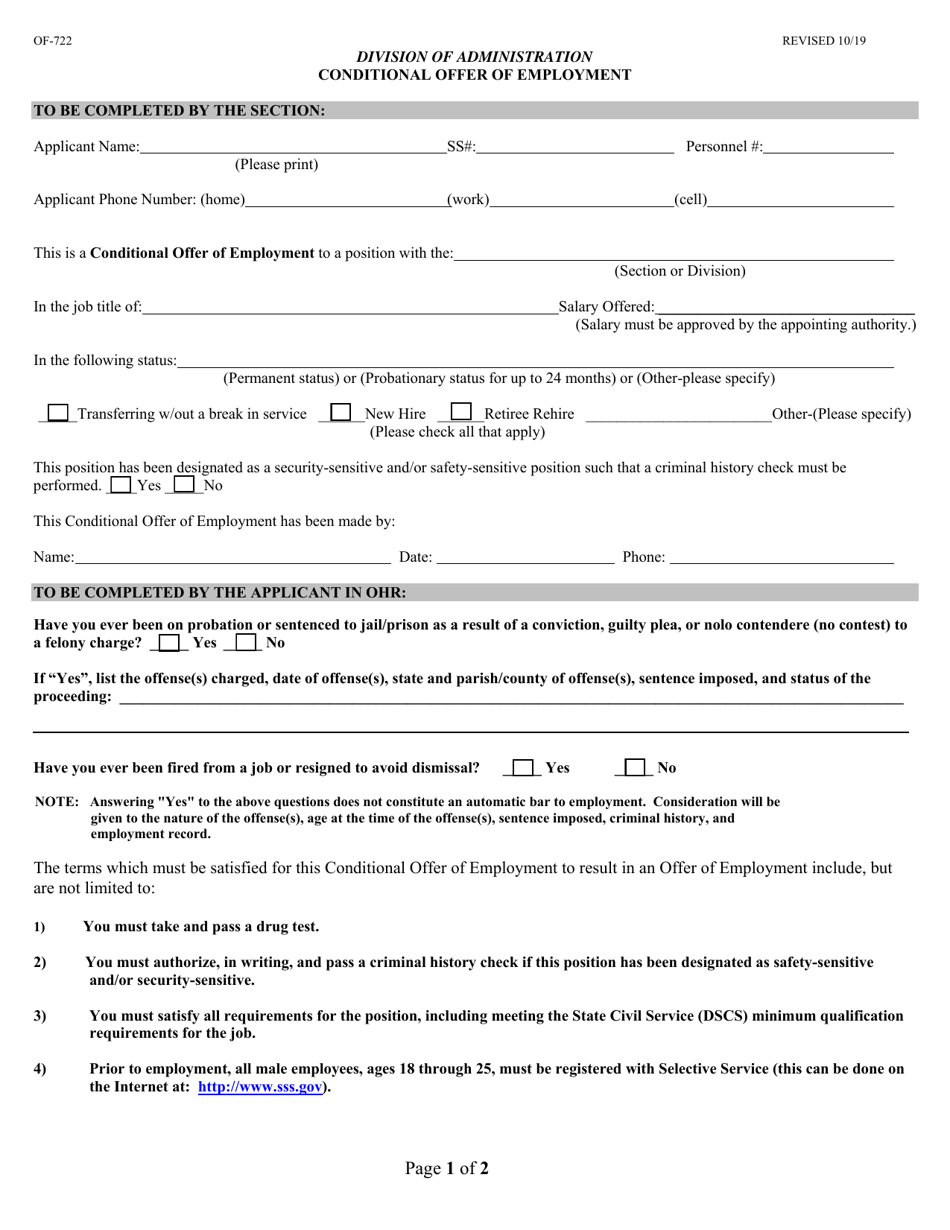 Form OF-722 Conditional Offer of Employment - Louisiana, Page 1