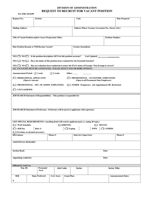 Form DA5180 Request to Recruit for Vacant Position - Louisiana