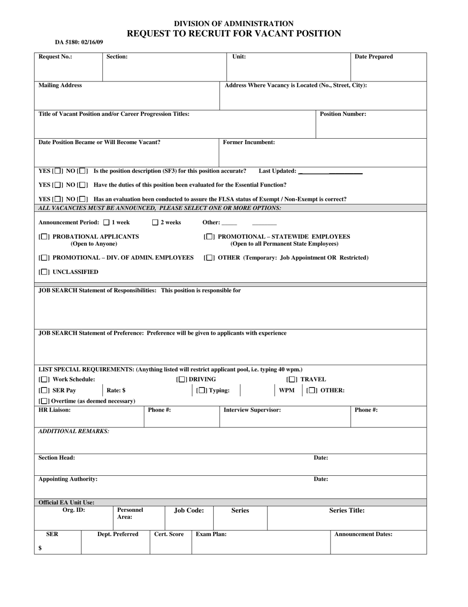 Form DA5180 Request to Recruit for Vacant Position - Louisiana, Page 1