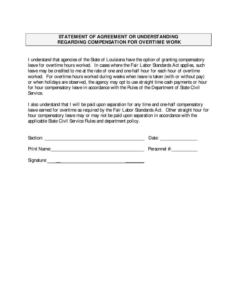 Statement of Agreement or Understanding Regarding Compensation for Overtime Work - Louisiana, Page 1