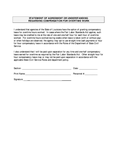 Statement of Agreement or Understanding Regarding Compensation for Overtime Work - Louisiana Download Pdf