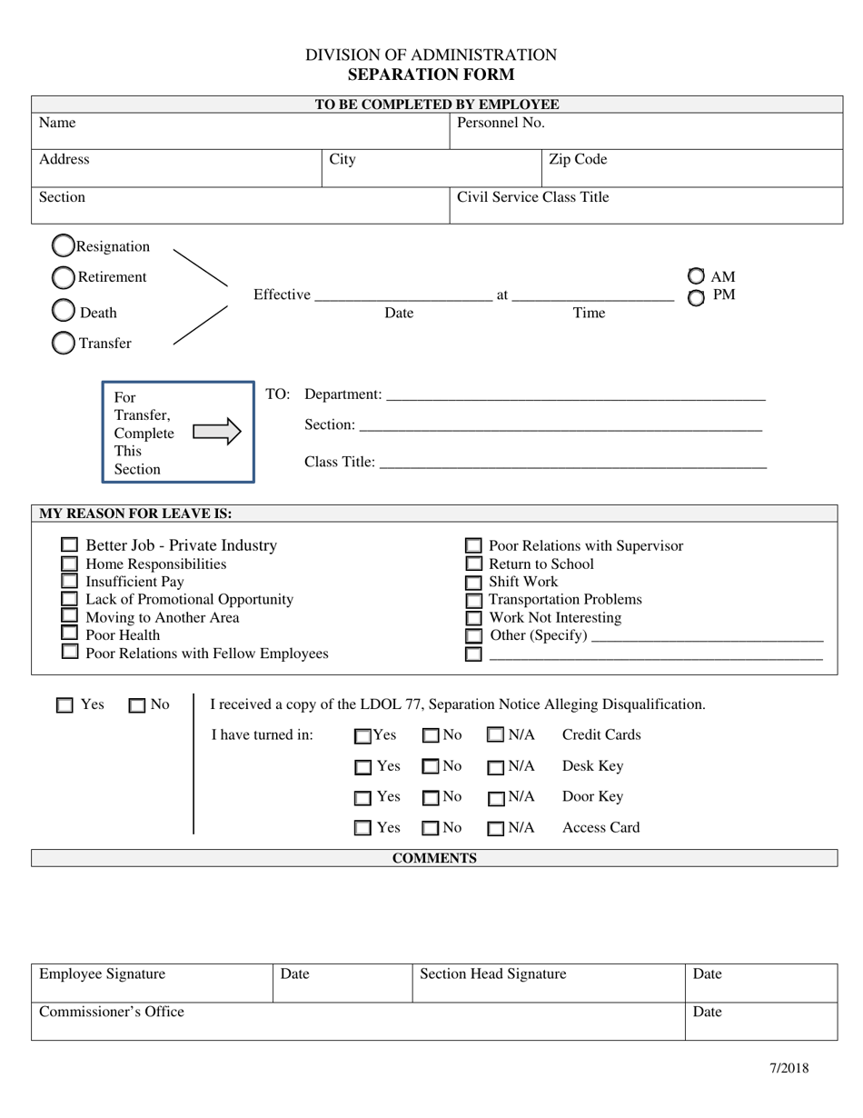 Separation Form - Louisiana, Page 1