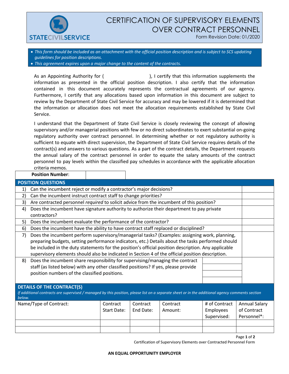 Certification of Supervisory Elements Over Contract Personnel - Louisiana, Page 1