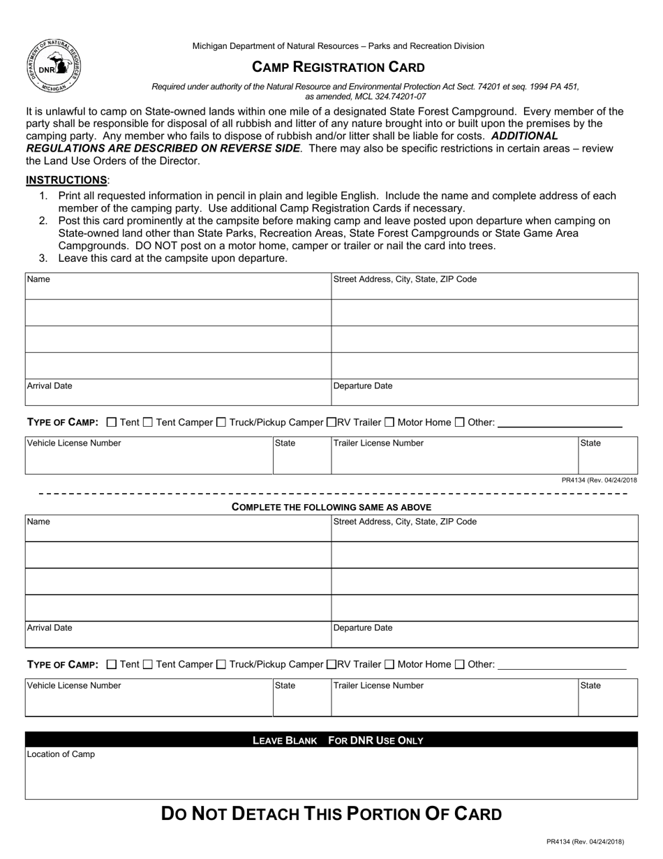 Form PR4134 Camp Registration Card - Michigan, Page 1