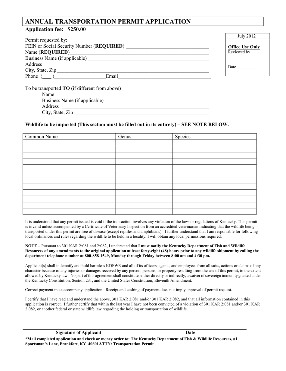 Annual Transportation Permit Application - Kentucky, Page 1