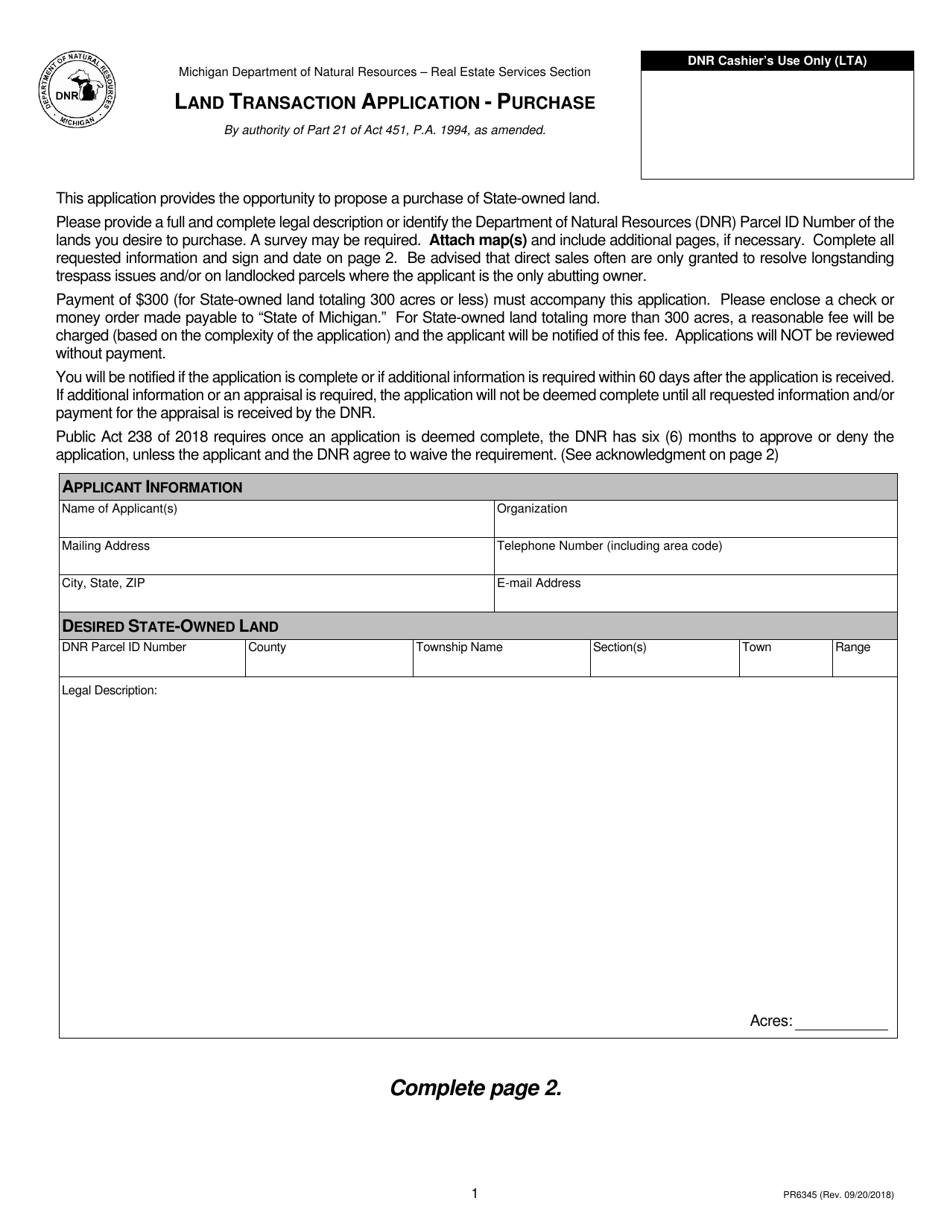 Form PR6345 Land Transaction Application - Purchase - Michigan, Page 1