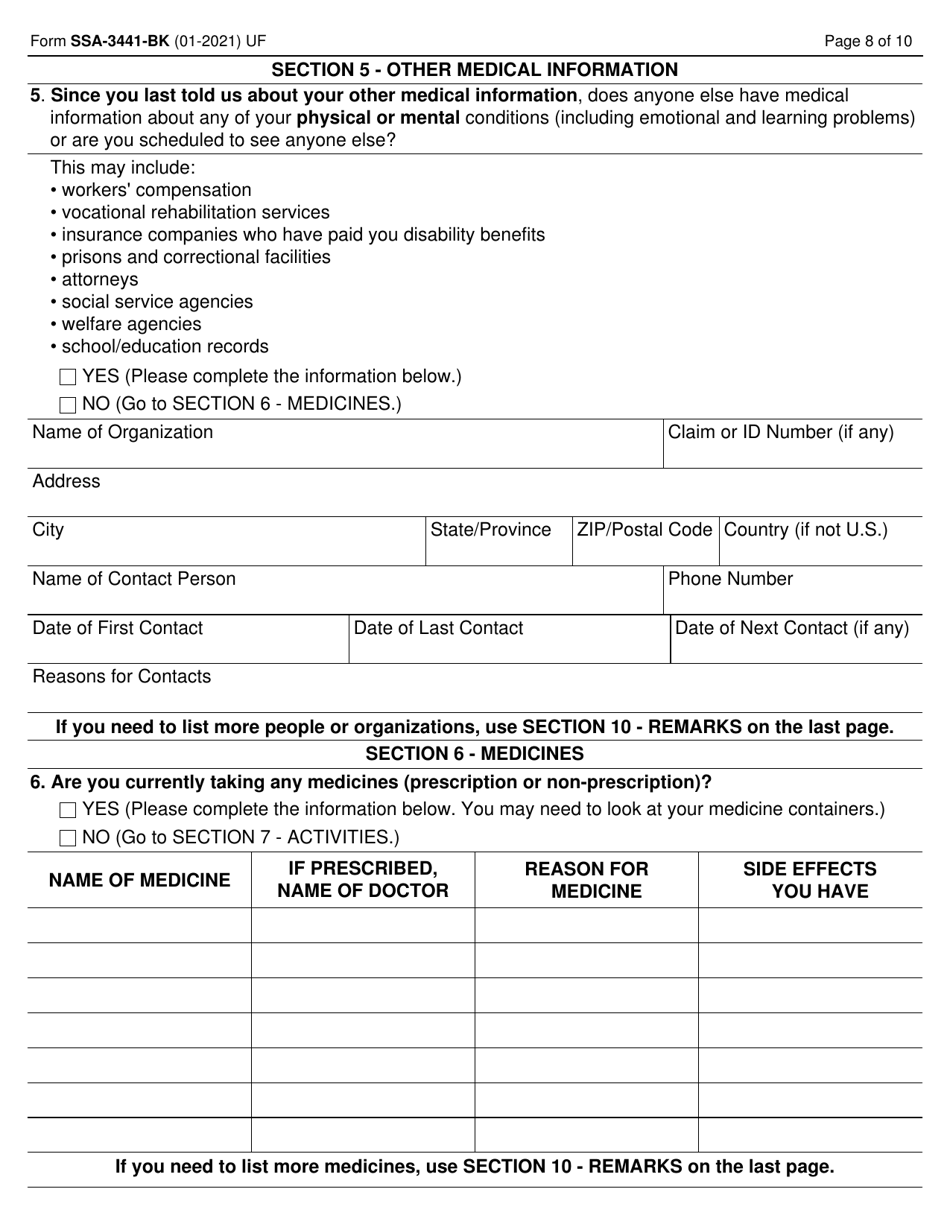 Form SSA-3441-BK Download Fillable PDF Or Fill Online Disability Report ...