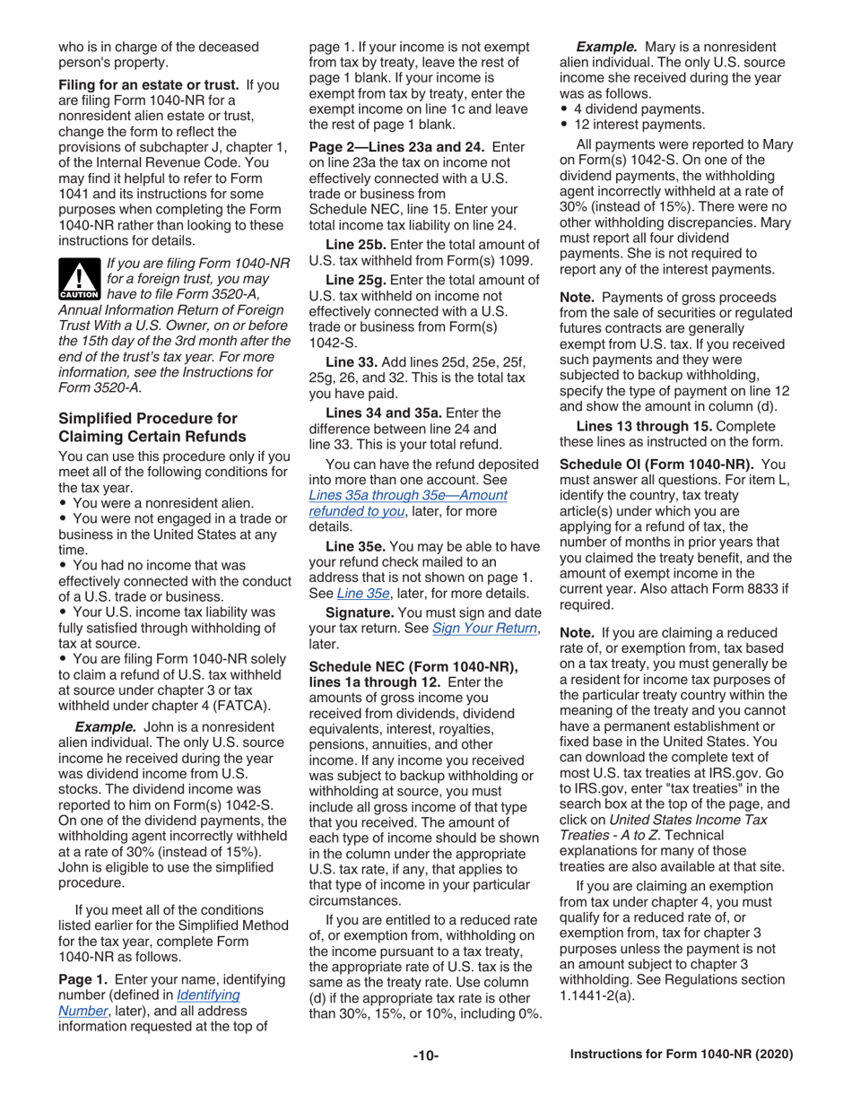 Instructions for IRS Form 1040-NR U.S. Nonresident Alien Income Tax Return, Page 10