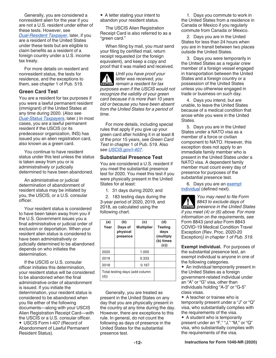 Instructions for IRS Form 1040-NR U.S. Nonresident Alien Income Tax Return, Page 12