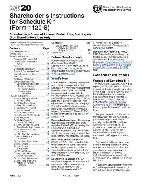 IRS Form 1120-S Schedule K-1 2020 Printable Pdf