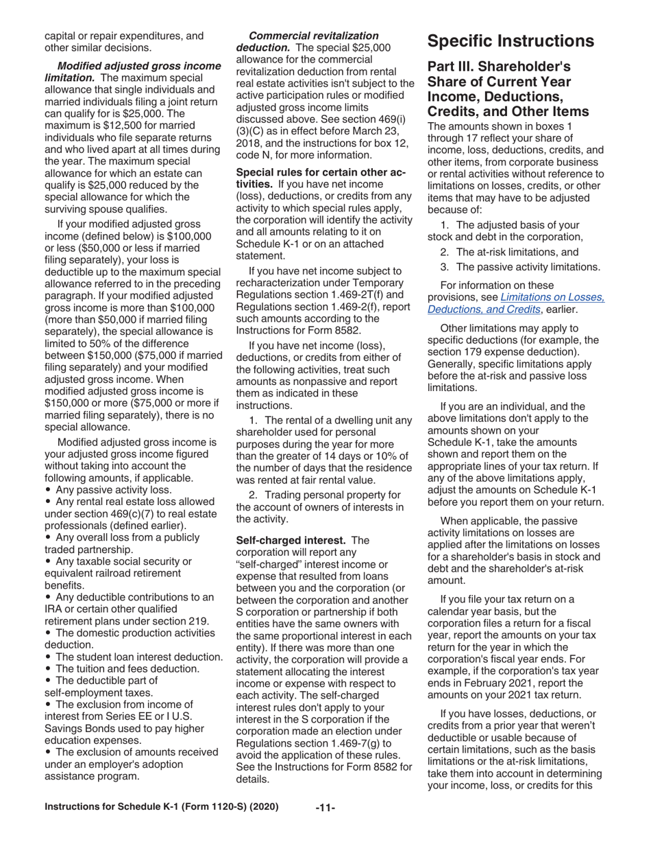 Instructions for IRS Form 1120-S Schedule K-1 Shareholders Share of Income, Deductions, Credits, Etc., Page 11