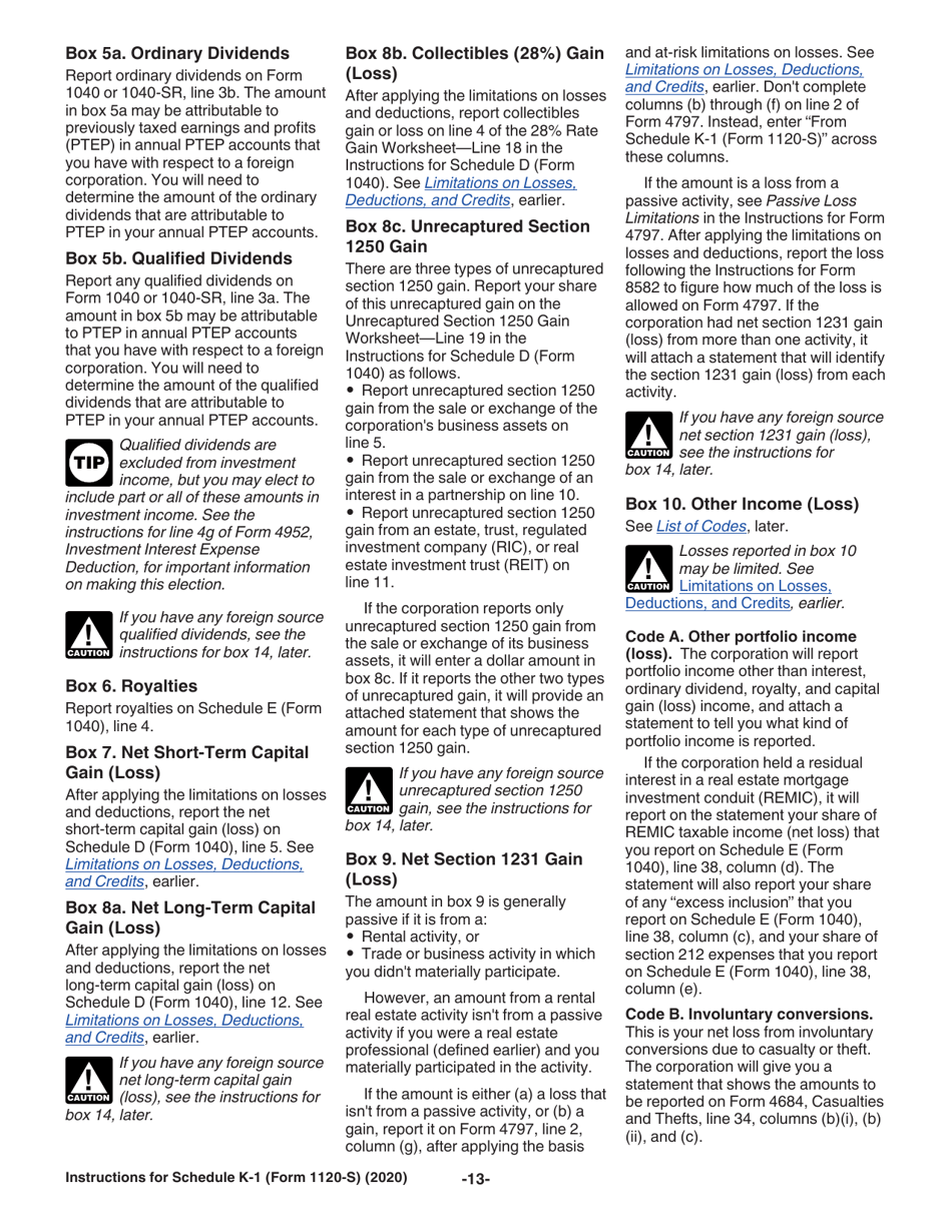 Instructions for IRS Form 1120-S Schedule K-1 Shareholders Share of Income, Deductions, Credits, Etc., Page 13