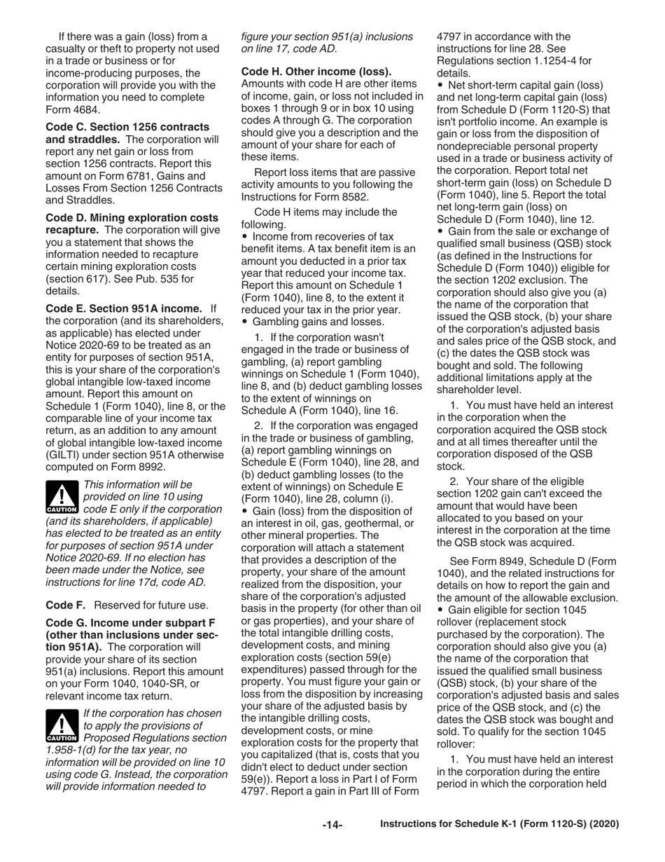 Instructions for IRS Form 1120-S Schedule K-1 Shareholders Share of Income, Deductions, Credits, Etc., Page 14