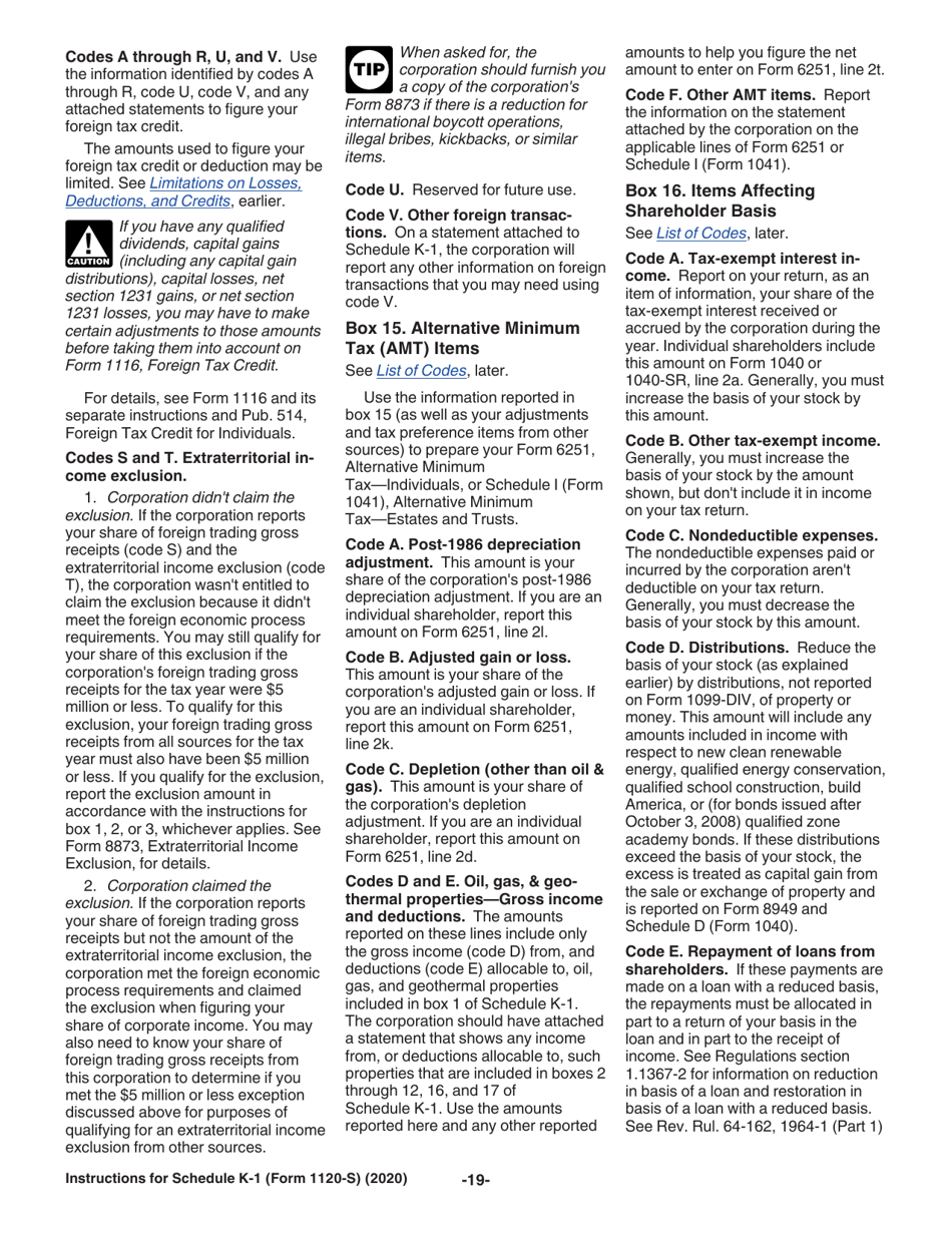 Instructions for IRS Form 1120-S Schedule K-1 Shareholders Share of Income, Deductions, Credits, Etc., Page 19