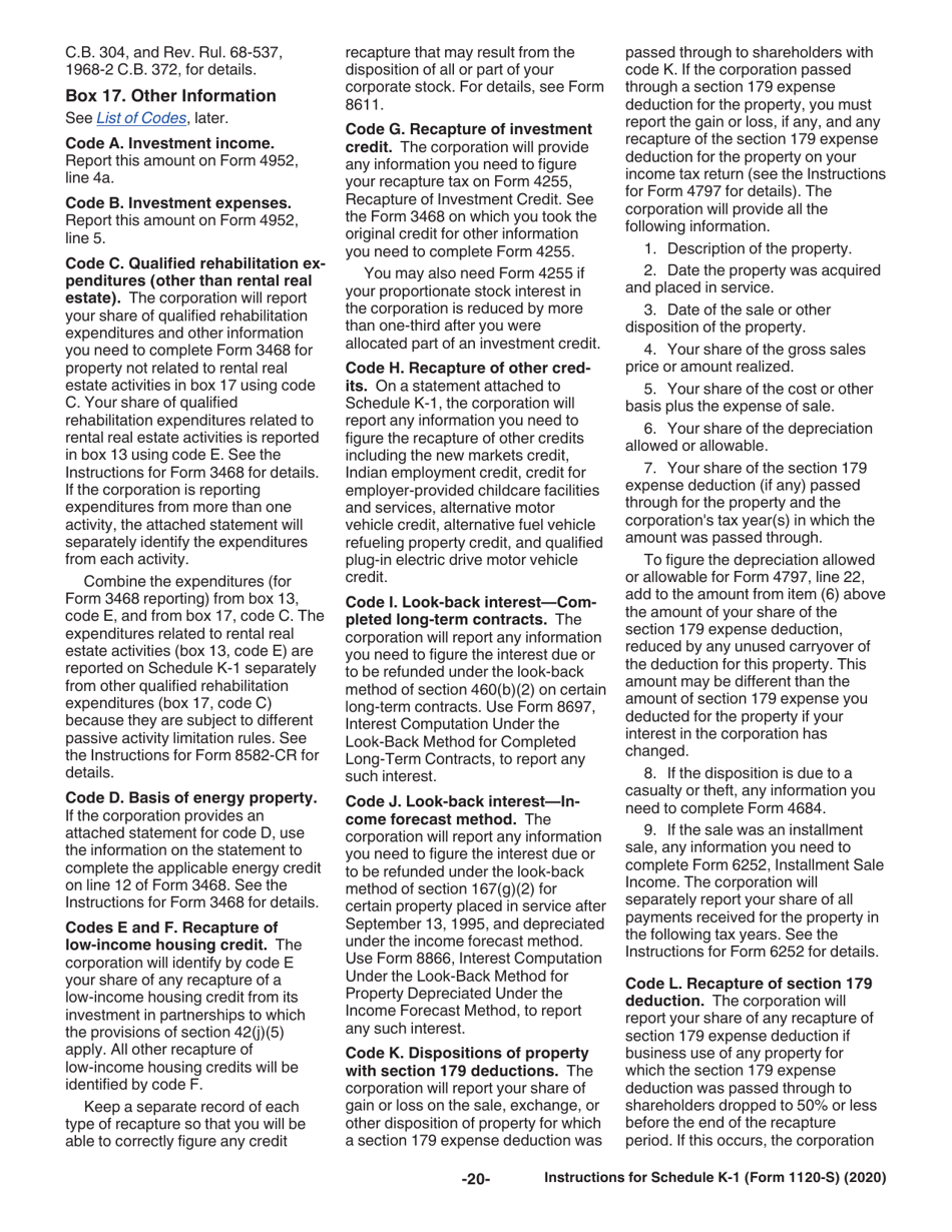 Instructions for IRS Form 1120-S Schedule K-1 Shareholders Share of Income, Deductions, Credits, Etc., Page 20